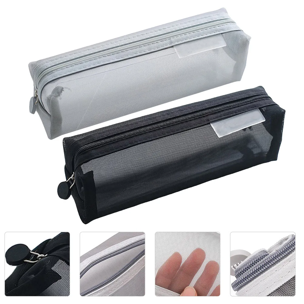 

2pcs Premium Mesh Pencil Bag Transparent Stationery Organizer With Zipper For Students Gift Pen Case Gray Black