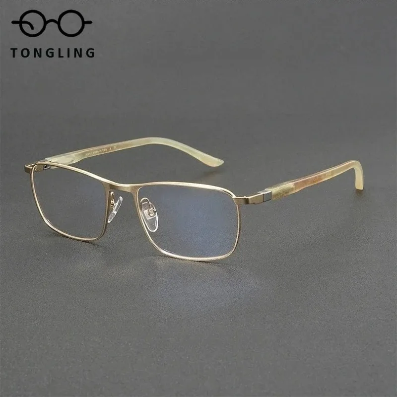 Top-Level Fashion Men Pure Natural Buffalo Horn Glasses Highend Women Hand-Polished Square Pure Titanium Business Eyeglass Frame
