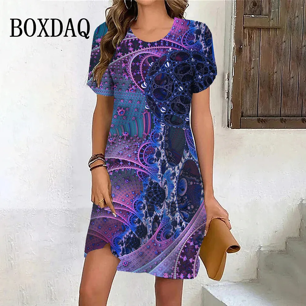 Abstract Flower Patter Dress Women Tie Dye 3D Print Short Sleeve Dress Summer Fashion Pullover Ladies Mini Dress Loose Plus Size