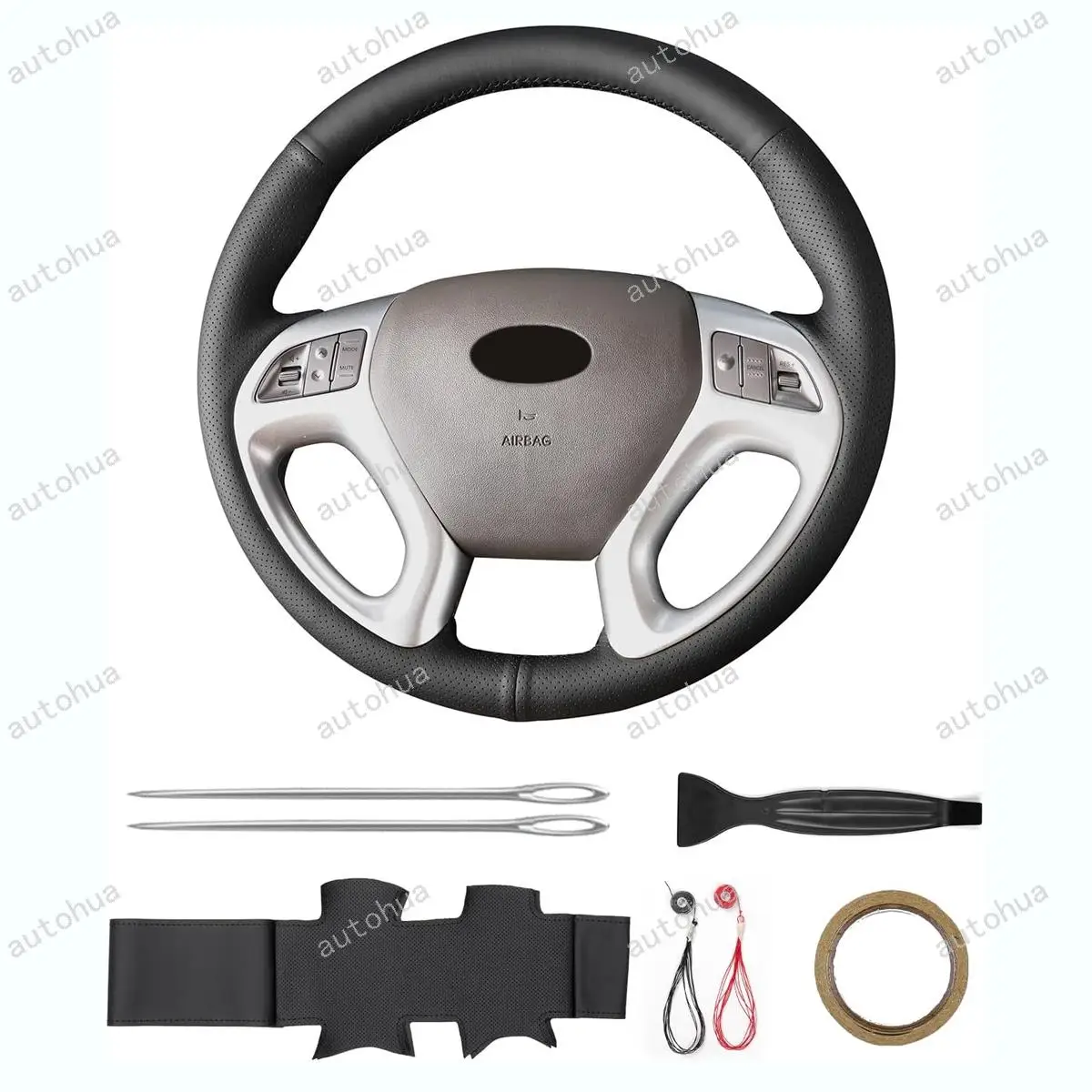 

Hand-Stitched Steering Wheel Cover for Hyundai 2011 2014 ix35/2010 Tucson Non-Slip Breathable Microfiber Leather