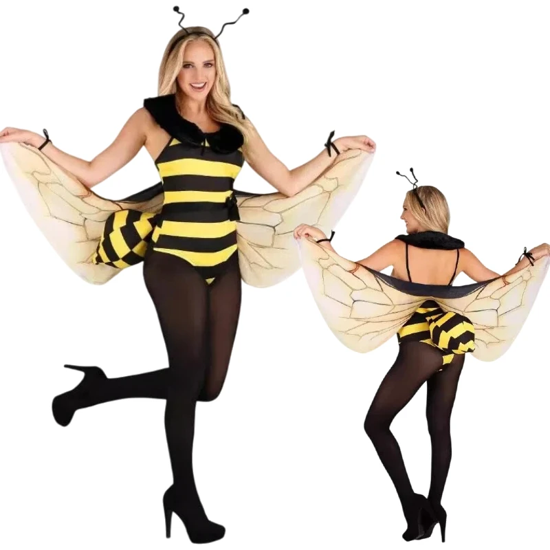 

Bee Cosplay Bumblebee Yelllow Jumpsuit Bikini with Headwear Wing Tail Full Set Animals Cos Funny Clothes for Women Theme Party