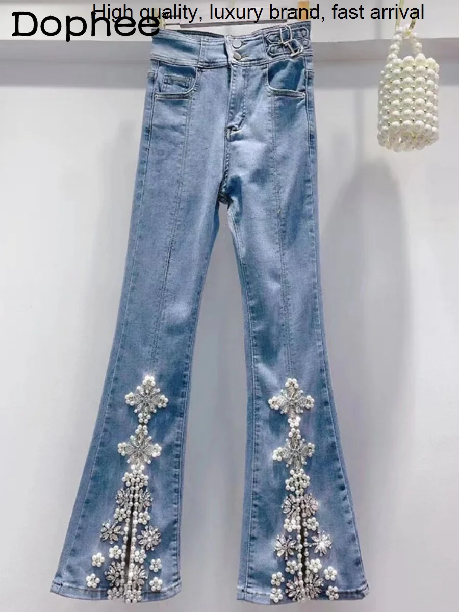 

Industry Beads Heavy Flower Split Jeans for Women Trousers 2023 Summer Autumn New High Waist Elastic Slim Fit Flare Denim Pants