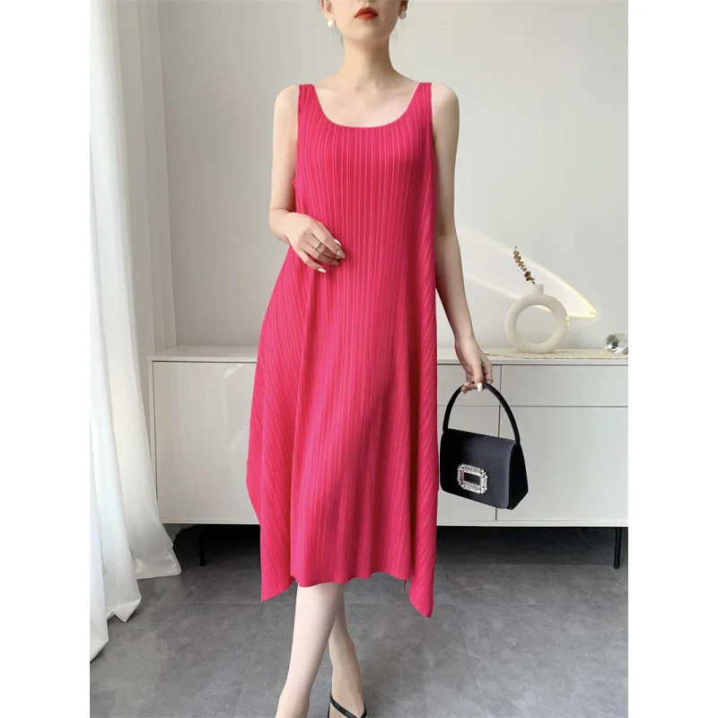 

Summer women's pleated vest mid length dress with large swing and slit temperament casual loose and simple basic style [L-1101]