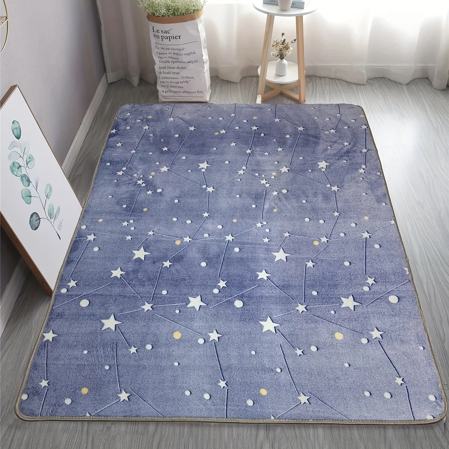 VIKAMA Luminous Star Floor Rug,Anti‑Slip Mat,Blue Constellation Glowing Print Carpet for Children Bedroom Playroom Decor Rug
