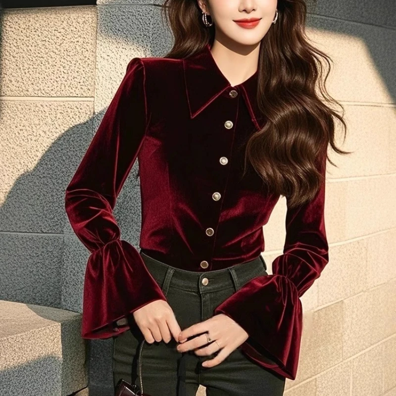 French Style Women Wine Red Flare Full Sleeve Velvet Top Shirt , Woman Fall Spring Velour Tops Shirts