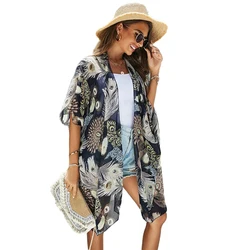 Kimono holgado de gasa para mujer, ropa de playa, Bikini, cárdigan, traje de baño, blusa