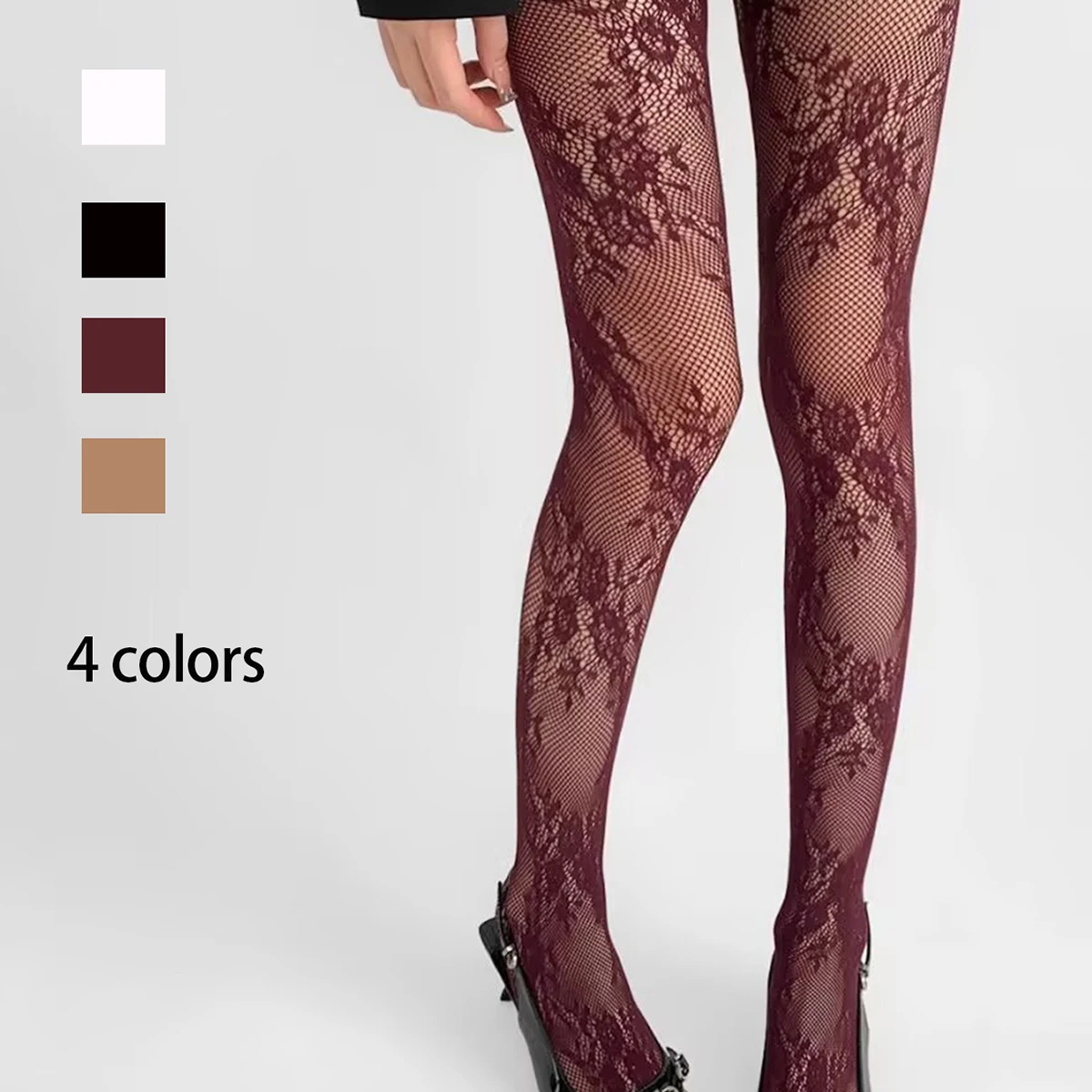 1 Stück Frauen 4 Farben Schwarz Weiß Wein Khaki Floral Romantische Aushöhlen Dame Sexy Mode Fischnetz Enge Strumpfhosen