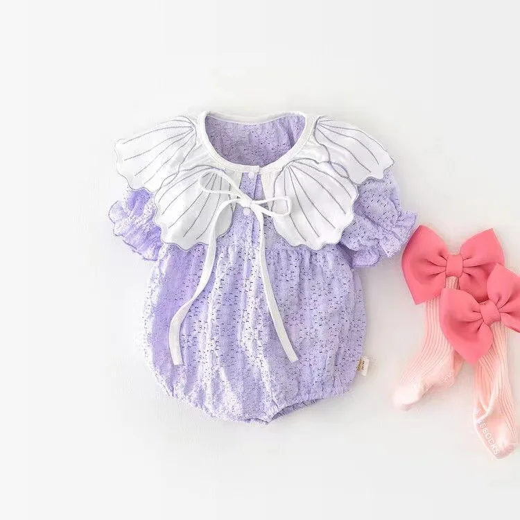 Bubble-Onesie für Kleinkinder, Mädchen, mit Rüschen, kurzen Ärmeln und Schleife vorne, süßes Sommer-Alltagsoutfit für Mädchen – Detail 1