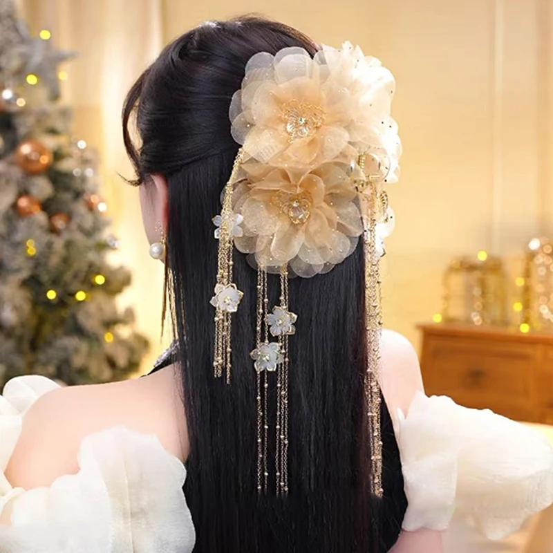 

HUA HUA Elegant Lotus Flower Hair Clip Sequins Tassels Hair Claw For Women Girls Sweet Fashion Shark Clip Hair Accessories Gifts
