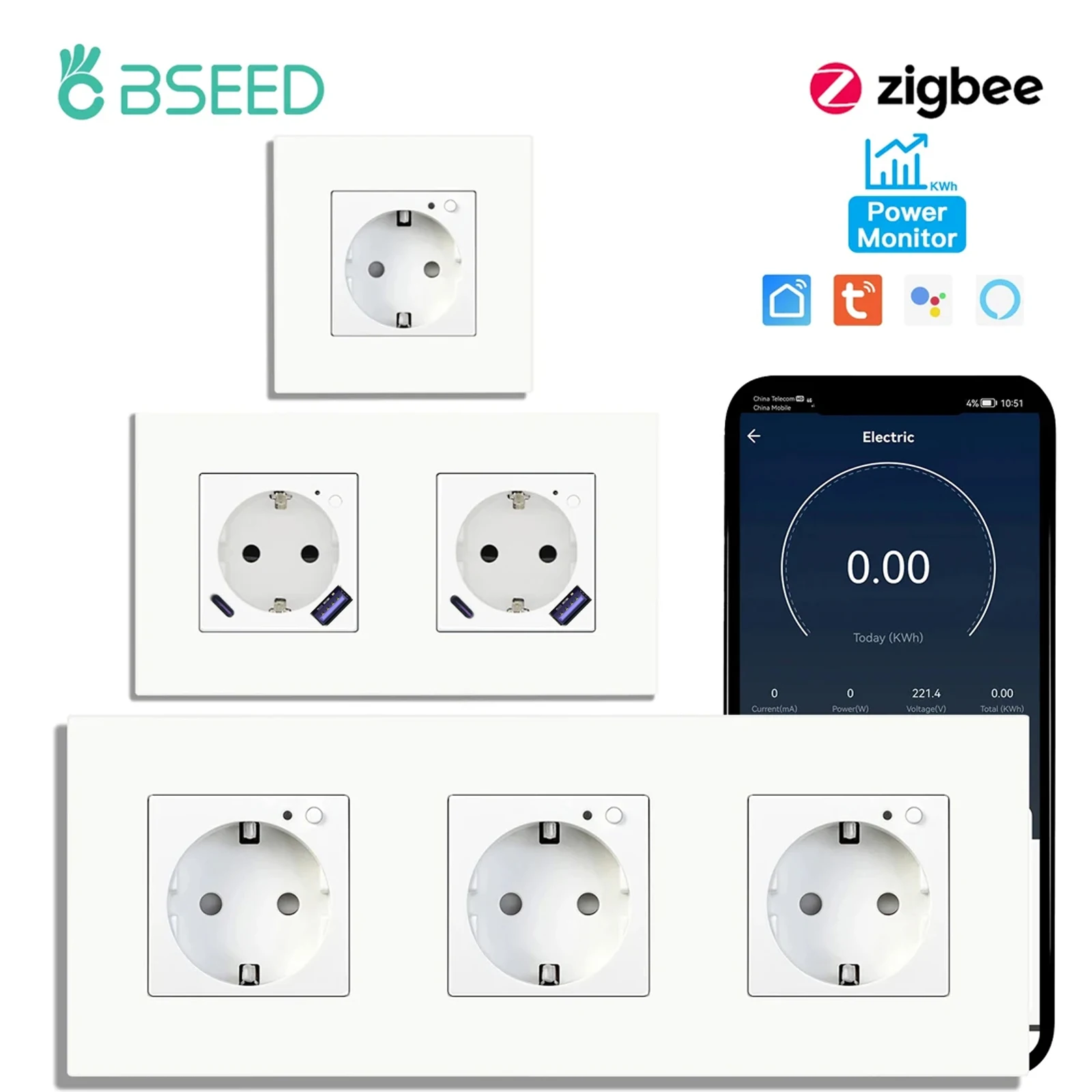 BSEED Pojedyncze gniazda ścienne ZigBee Monitor energii Podwójne inteligentne gniazda liczników Google Smart Life App Alexa Potrójne gniazda EU Plastic