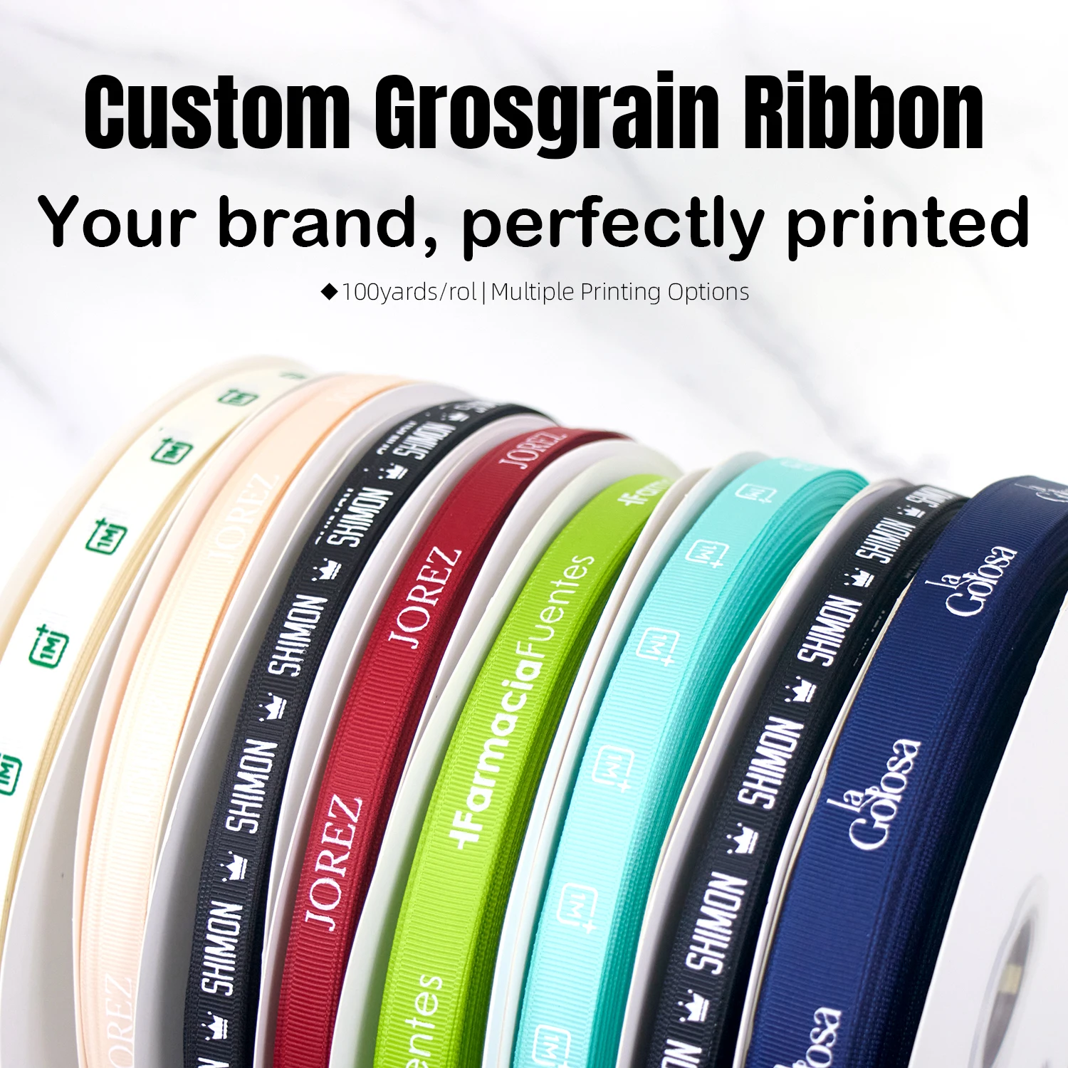 

Изготовленная на заказ лента из репсовой ткани, 100 ярдов в рулоне вашего бренда с идеальной печатью. Доступны различные варианты печати.