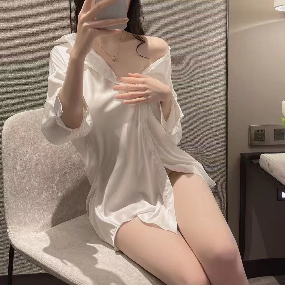 

Весенне-осенние сексуальные пижамы для девочек, длинная женская рубашка из ледяного шелка, белая пижама из двух предметов с длинными рукавами