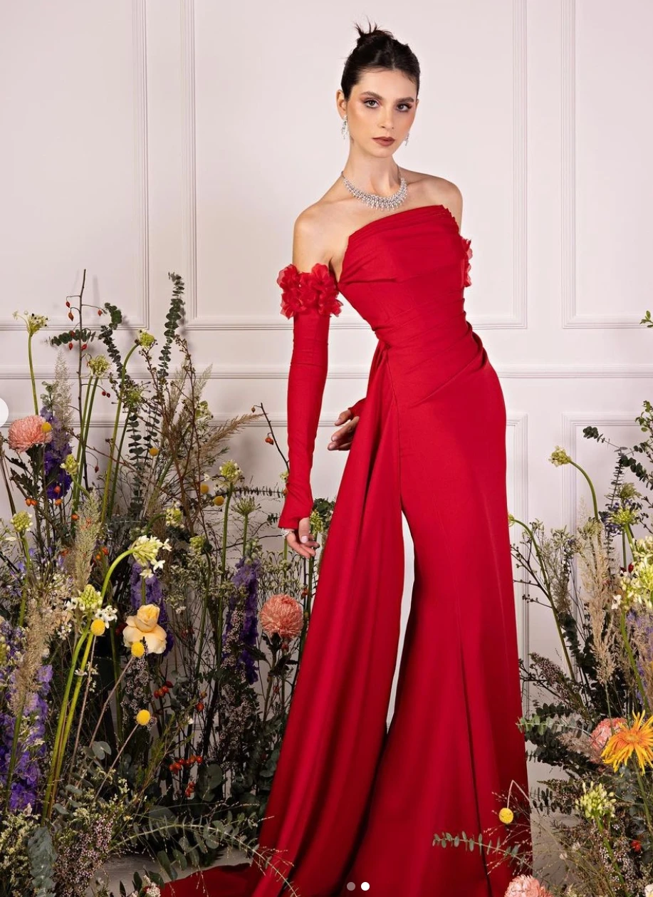 Blooms Red Pleat Mermaid Customized Prom Dress With Flower Long Sleeves Side Train Evening Dress Elegant Party Gown