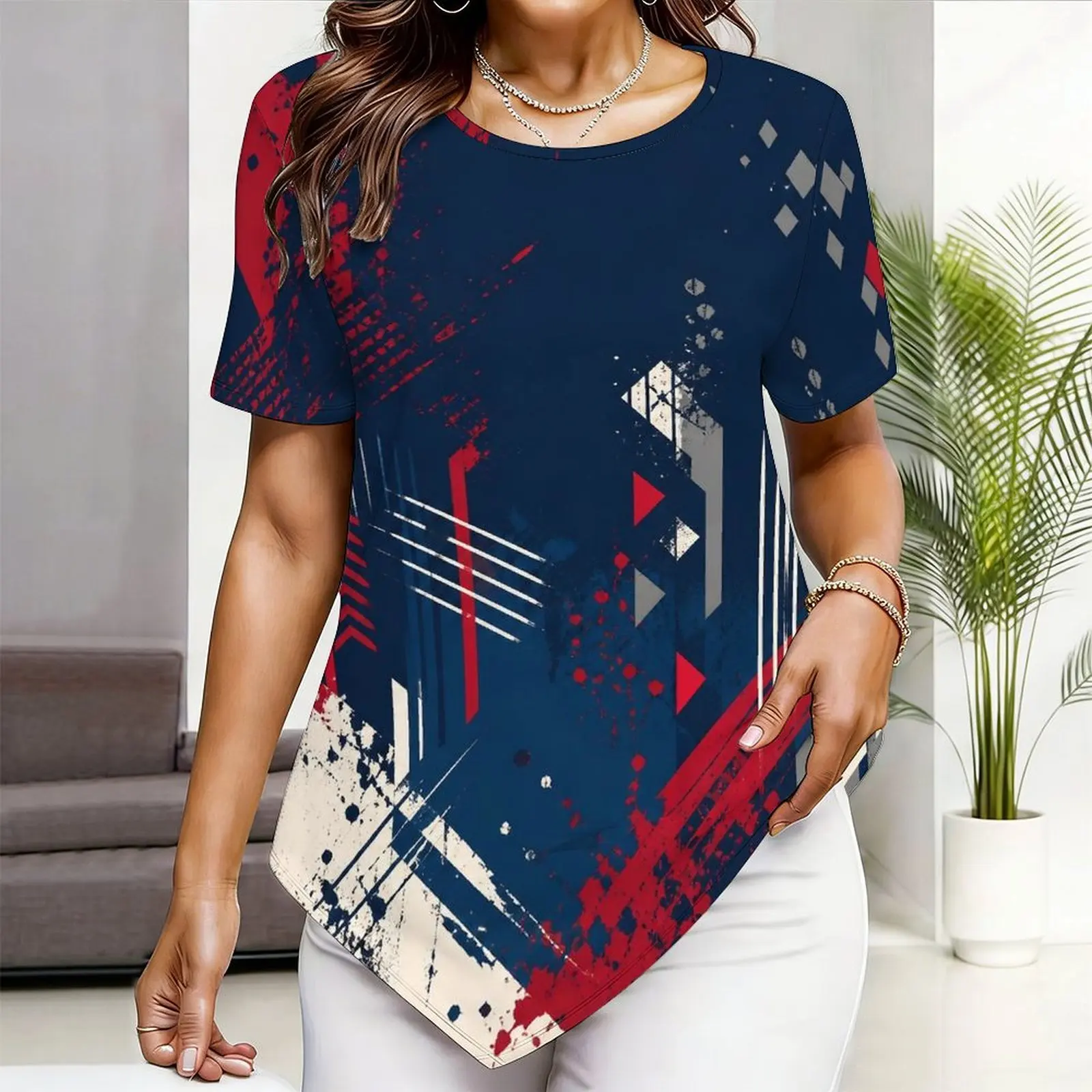 Women Top with Print Round Neck Short Sleeve Pointed Hem