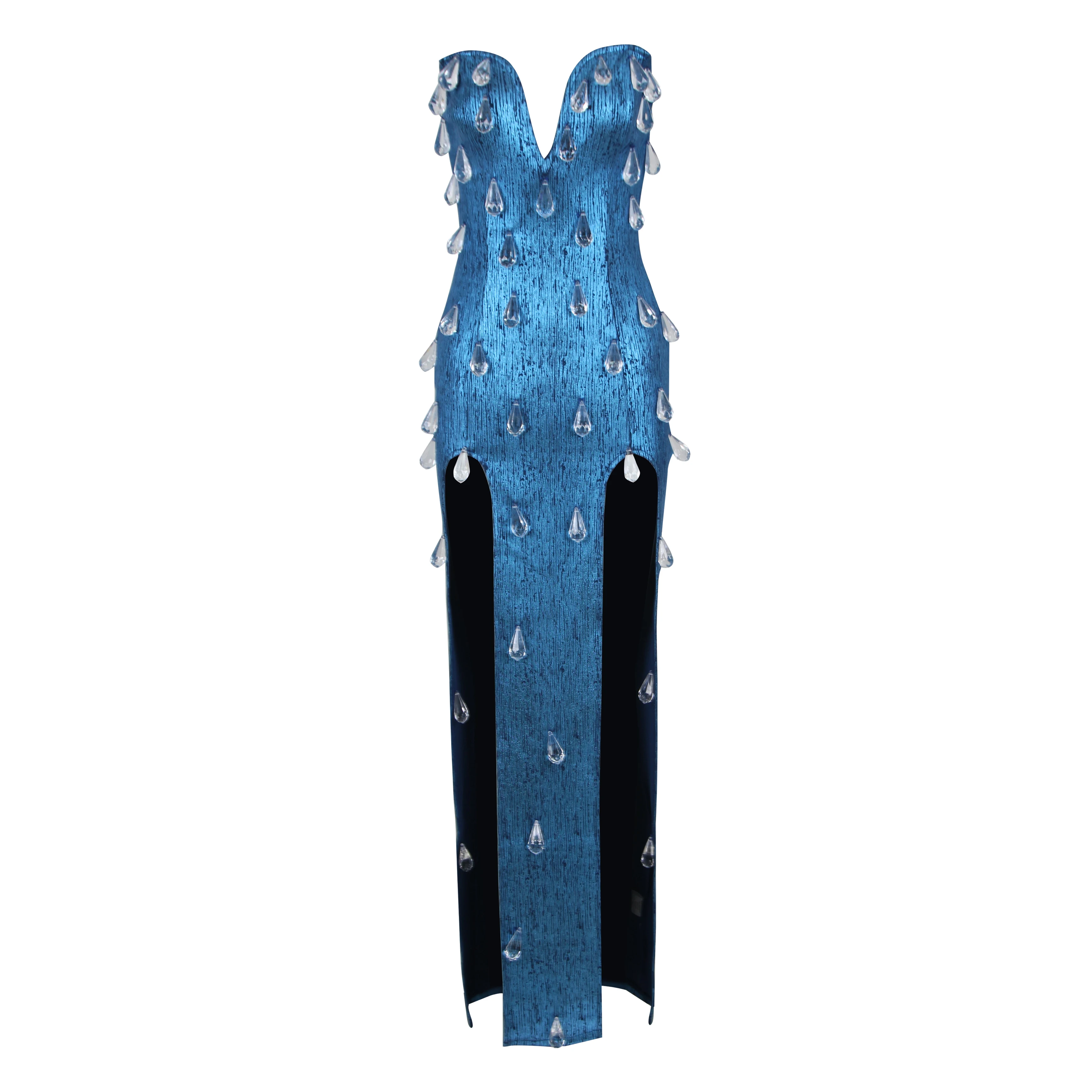 Blu Sexy senza spalline di lusso diamante aderente Prom vestito dalla fasciatura aderente Sexy Midi Runway Cocktail Celebrity Evening Party Dress