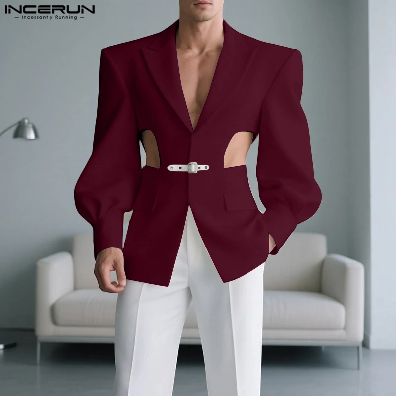 INCERUN ผู้ชายเบลเซอร์สีทึบกลวงออกแขนยาวลำลองชายสูทสตรีทแวร์ฤดูใบไม้ร่วง 2025 แฟชั่นบางเสื้อผู้ชาย S-5XL