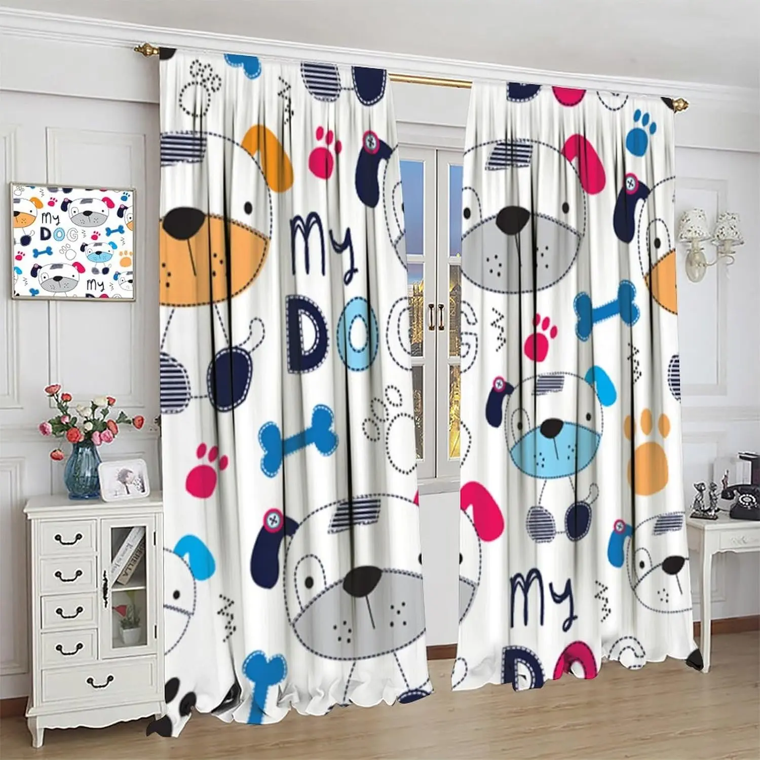 Cartoon Dog Curtains for Kids Bedroom, Childish Dogs Paw Lovely Animals Window Treatments for Girls Boys Funny Puppy Pets Drapes