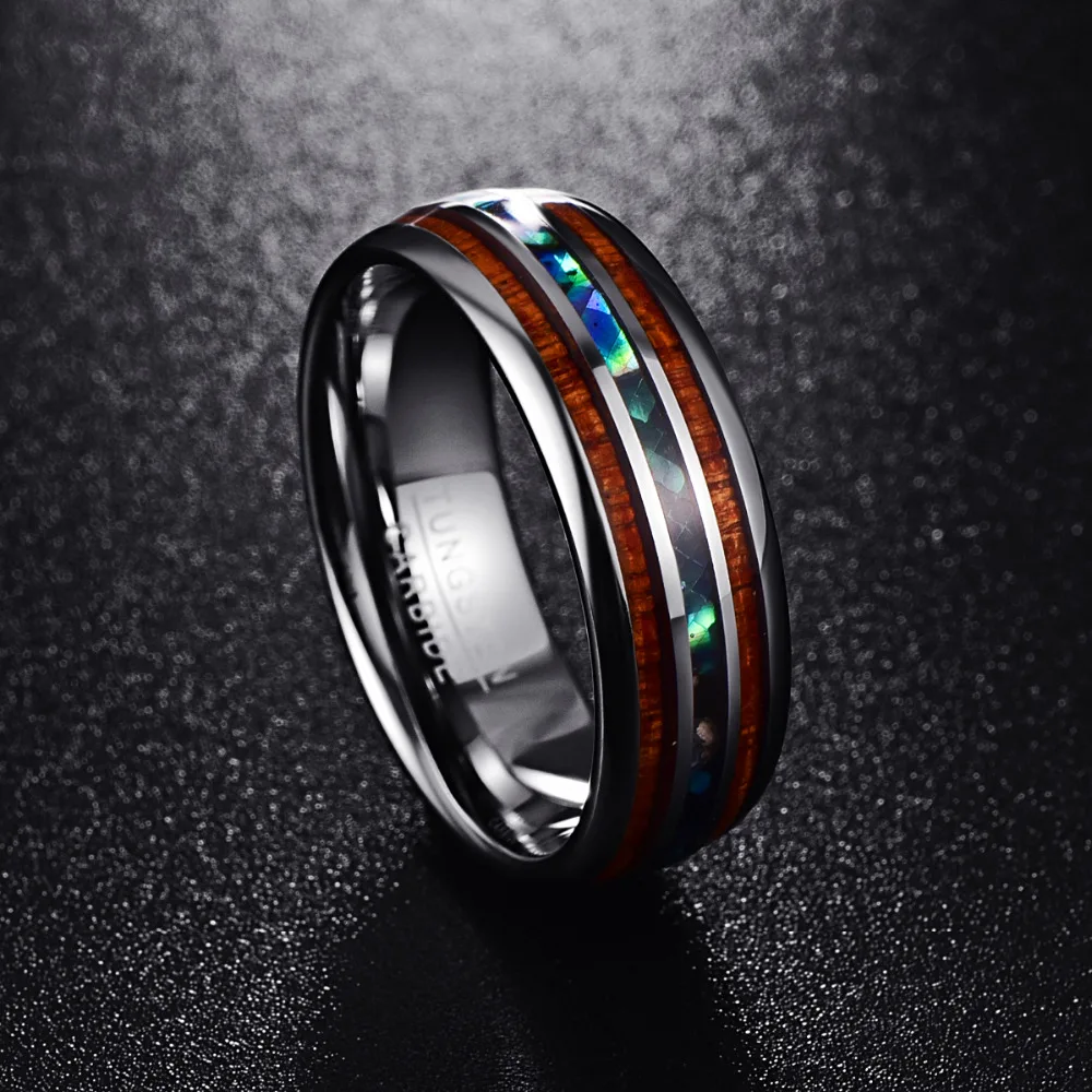 Nuncad US Size 8mm Hawaiian Koa Wood and Abalone Shell Tungsten Carbide Rings Wedding Bands for Men Comfort Fit Size 5-14