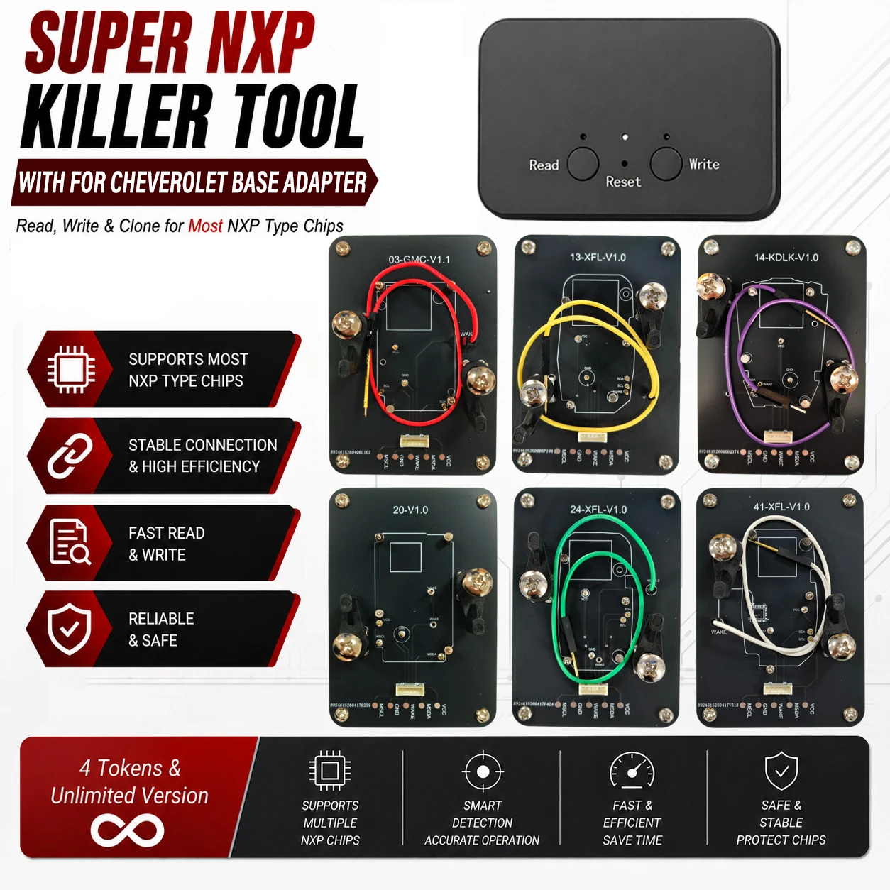 For Chevrolet Key All NXP-Chip Smart Keys Clones 4 Tokens & Unlimited Version Super NXPKiller Read Copy Device With Adapter Base