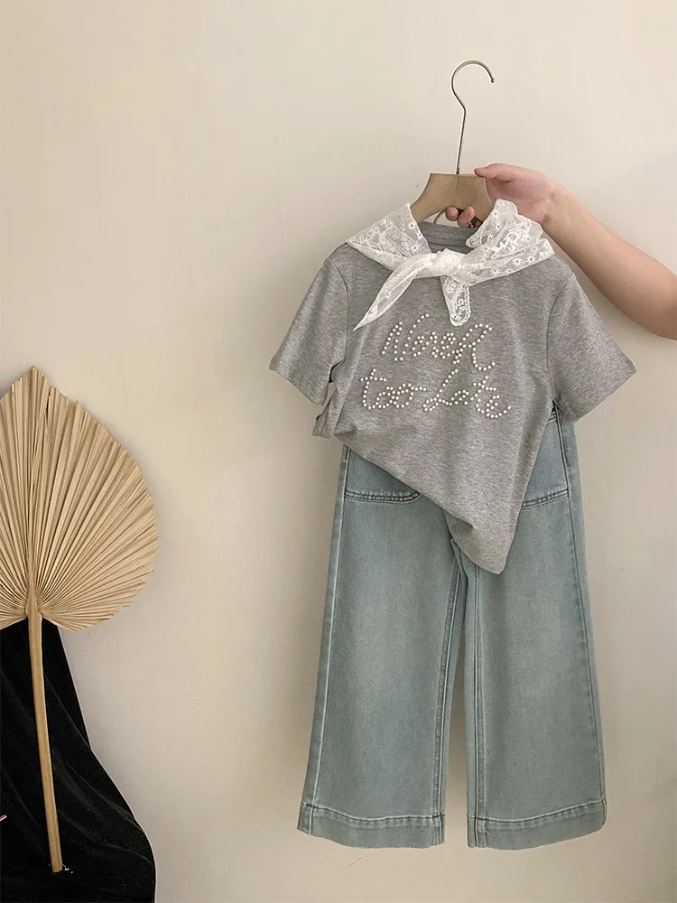 الفتيات لؤلؤة رسالة قصيرة الأكمام TT-shirt2025تصميم متعدد الاستخدامات فضفاض عارضة الجينز قطعتين مجموعة العصرية