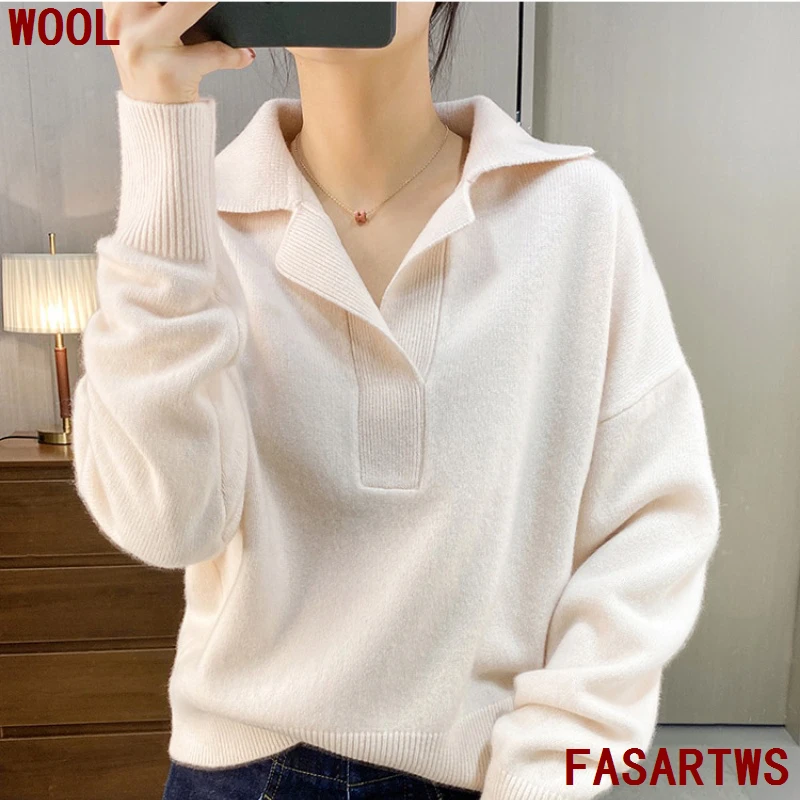 

100% Australian Wool Sweater Top Lapel Pullover Plus Size Sweater Leisure Fashion Knitwear Concise Women's Autumn Winter Top