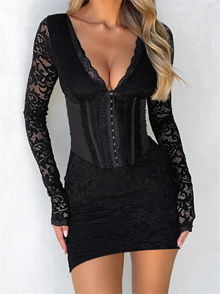 Thorn Tree Women Bodycon Dress Elegant Long Sleeve Deep V Neck Buttons Up Slim Fit Lace Mini Dresses Female Vestidos Clubwear