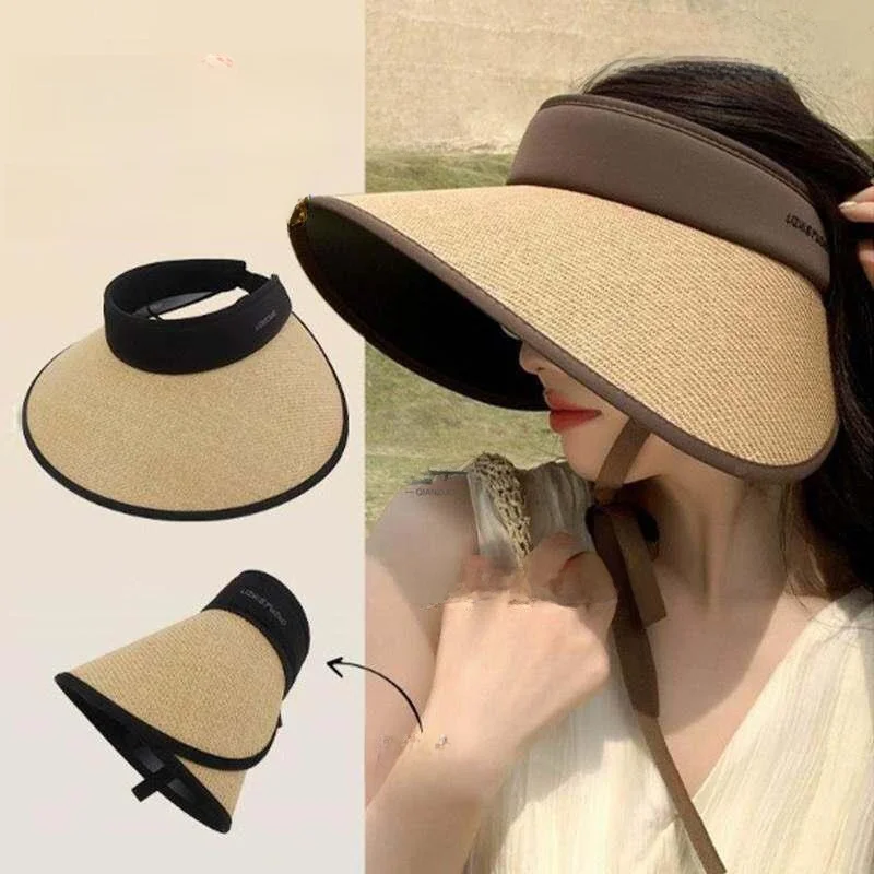 女性用つば広麦わら帽子夏の日焼け止め屋外帽子顔を覆うuv保護帽子空のトップカジュアルサンハット