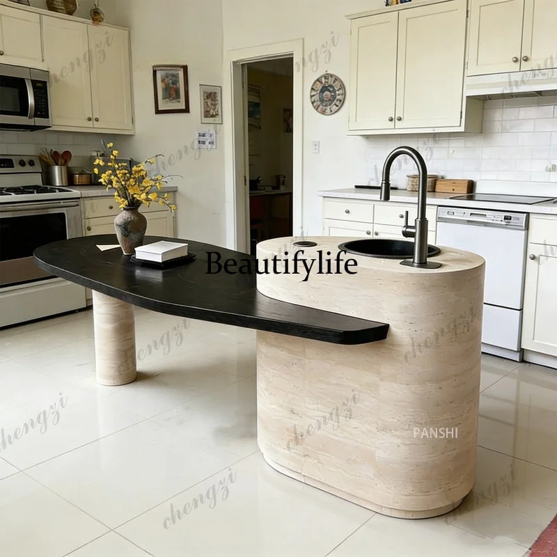 Modernand simple natural travertine island high-end sense of creativity Long Island Taiwan atmosphere high-end travertine island