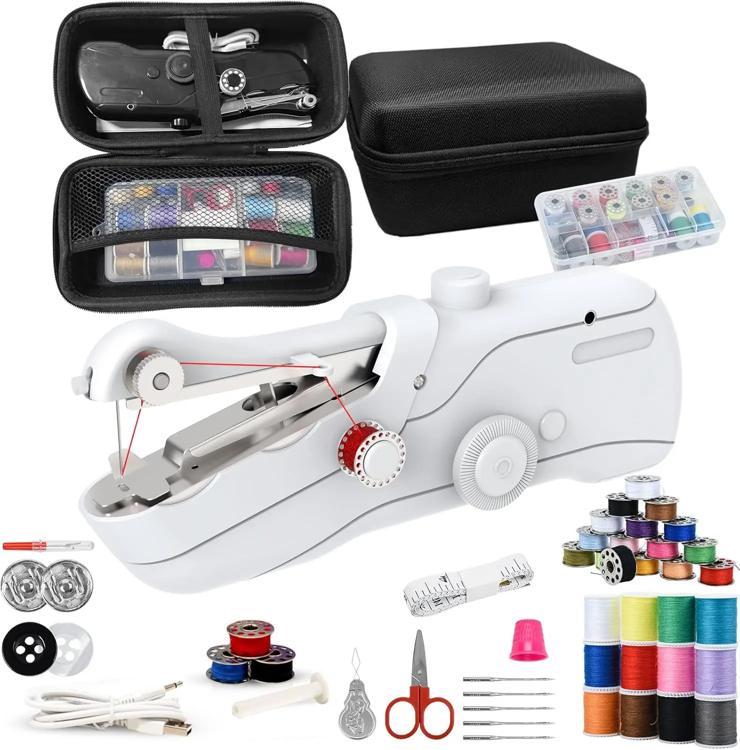 

Beginner's Sewing Kit with Handheld Portable Machine, Electric Switch, Two Speeds, Easy to Use, White with Accessories