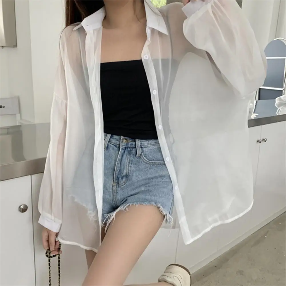 See through Blouse Stylish Women\'s Sun Chiffon Jacket Long Sleeve Button Down Shirt Outerwear for Summer for Ladies