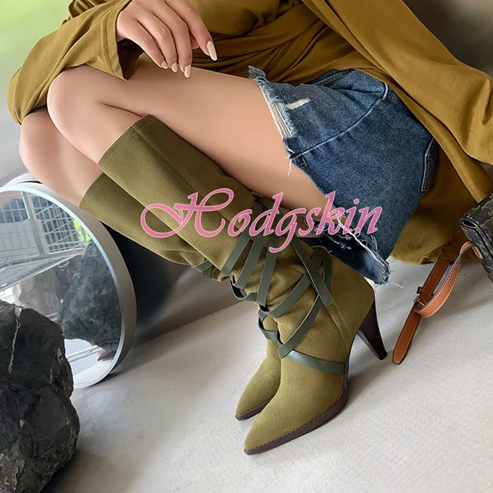 

Winter New Straps Suede Boots Pointy Toe Spike High Heels Women Shoes Solid Lace Up Knee High Boots Fashion Style Party Dress