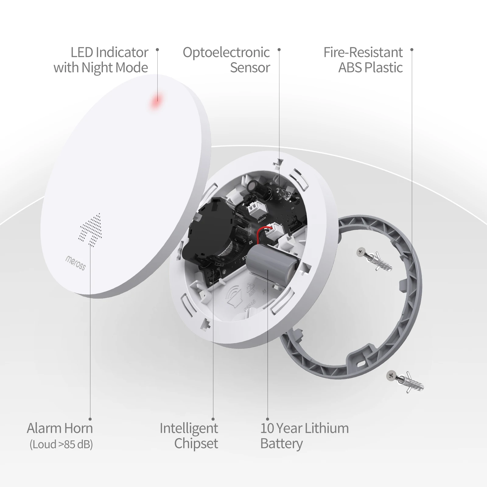 Meross Smoke Alarm Fire Detector Sensor With Mute and Self-Test Function 85 DB Gas Sensor Fire Protection with 10 Year Battery