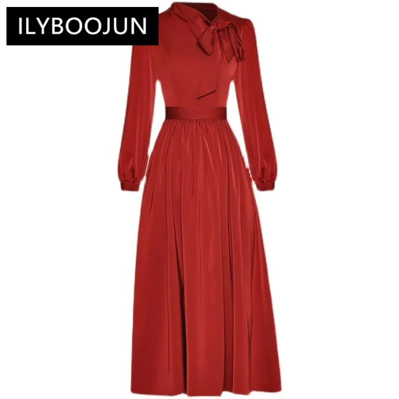 

ILYBOOJUN Fashion Designer Spring dress Women Navy Collar Lantern Sleeve Frenulum The Waist Thin Grace Casual Wine Red Dress