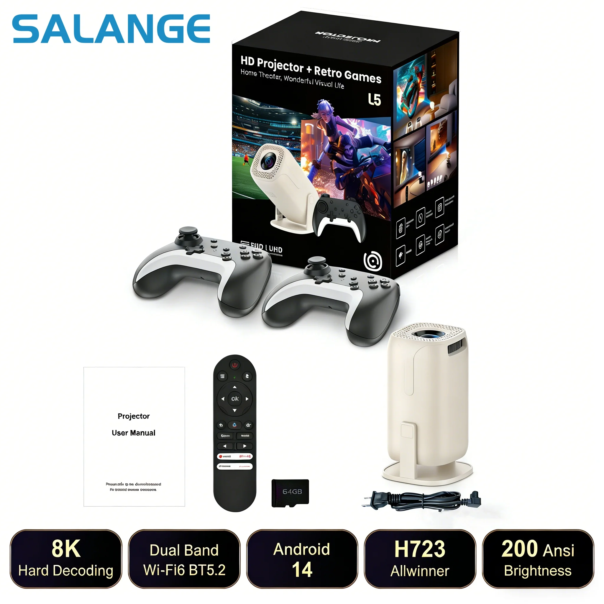Salange U5 Gaming Projector Android14 8K Support Netflix Officially Licensed 36000+ Games Wireless Gamepad Bluetooth Voice Remot