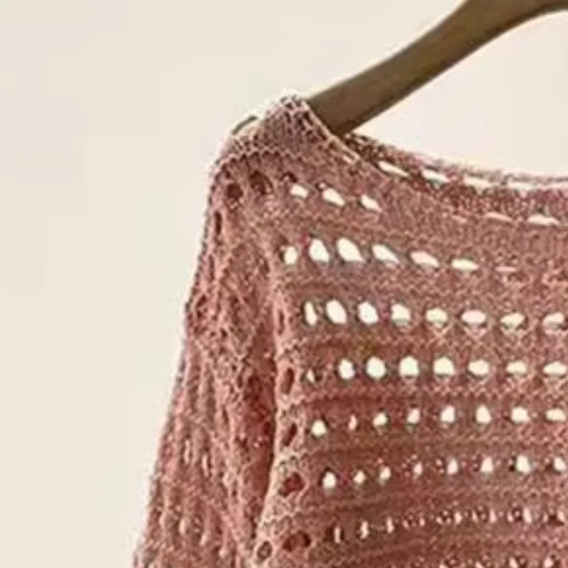 

Stretchy Skin-friendly Tops Round Neck Women UV Protection Clothing Sunscreen Pullover Tops Hollow Design Short Knitting Tops