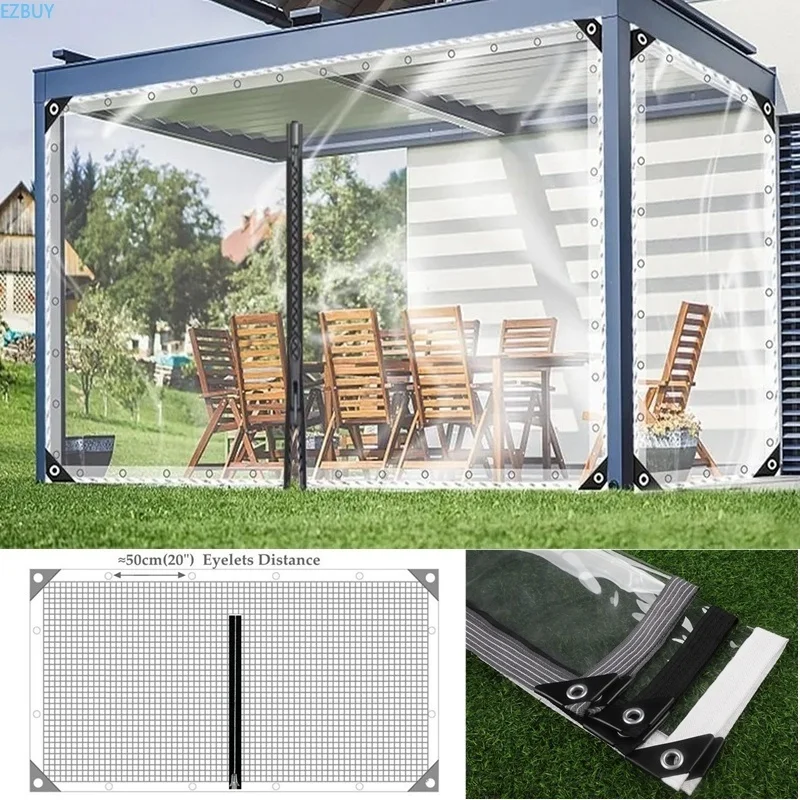 450gsm 0.35MM Transparent PVC Tarpaulin with Zipper and Grommets Clear Tarps Tent Garage Door Waterproof Curtain