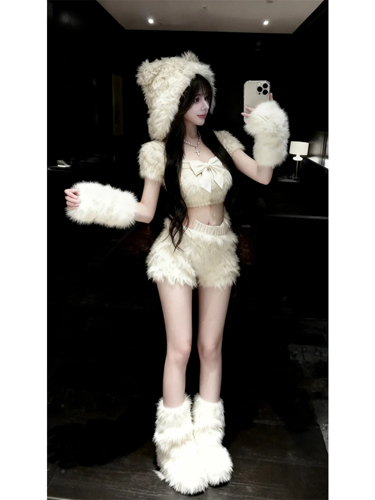 

Low Waist Slim Fit Short Sleeve Knot Design Furry Short Pants Set Sweet Style Women's Fashion Autumn Collection