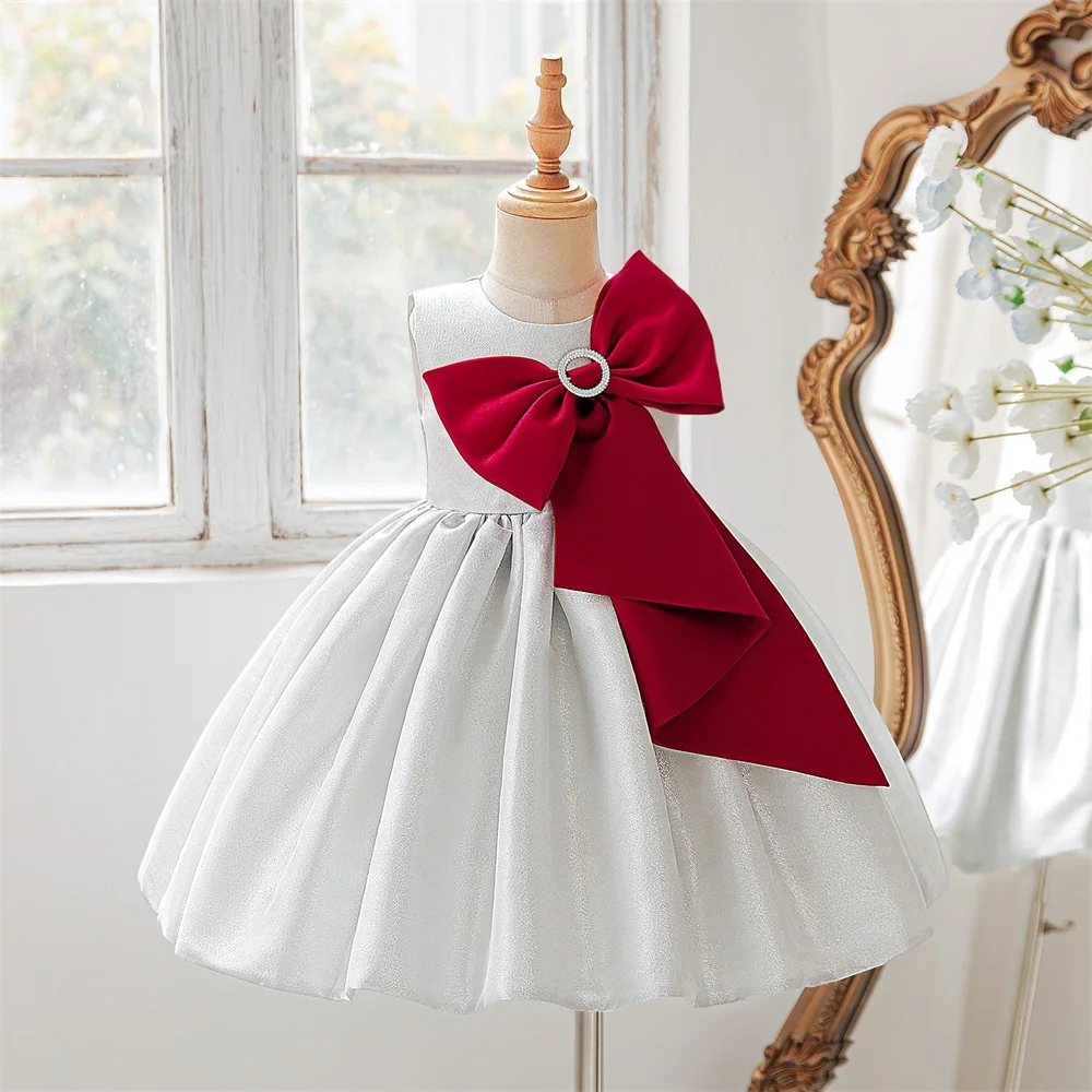 

Girls Patchwork Bow Ball Gown Glossy Banquet Birthday Stage Host Party Piano Performance Evening Dress