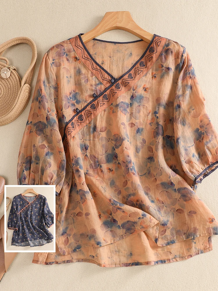 

Retro Digital Print f Sve irt Thin Casual Top for Women Summer V Ne Loose Fit Polyester Cotton Blend Zen Sle