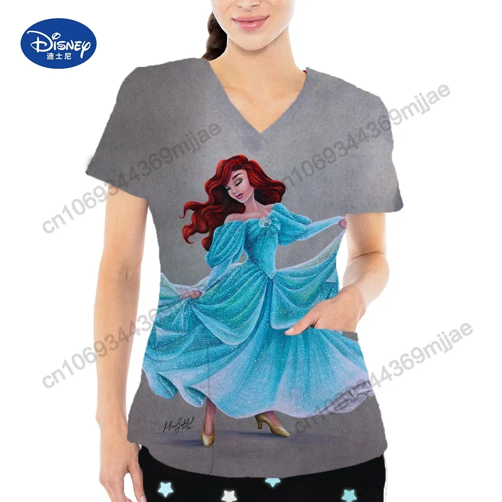

Pocket Female Tops Cartoon Short Sleeves V-neck Design Women's T-shirts