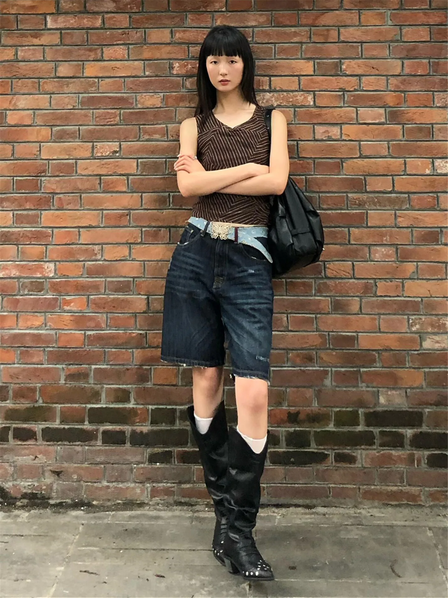 

American Vintage Five-Point Loose Wide-Leg Jeans Women's Summer Slimming Design Sense Ripped High Waist Straight Leg Jeans