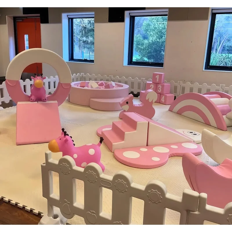 Pink Outdoor Soft Play Package Trampoline Flower Ball Pit Climber Slide Blocks Custom Playground Gear for Event Hire