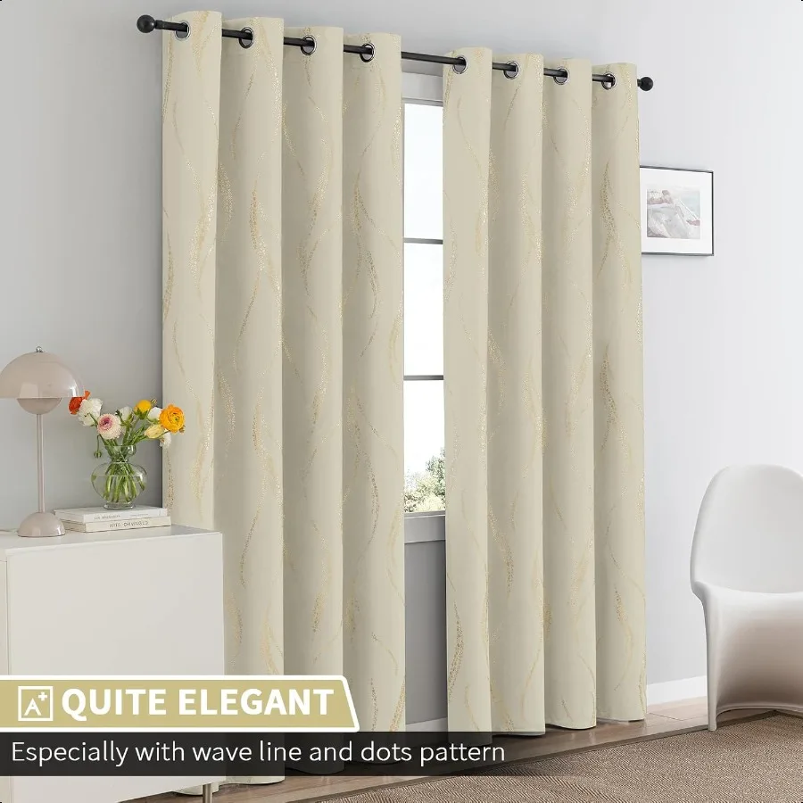 Rideaux bloquant la lumière 84 pouces, ligne ondulée dorée, points imprimés, œillets, rideaux assombrissants, panneaux de fenêtre pour salon