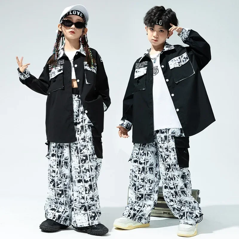 Children Teen Girls Boys Sets Streetwear Hip Hop Long Sleeve Loose Cargo Shirt Pant Tracksuits Kids Fashion Stage Clothing