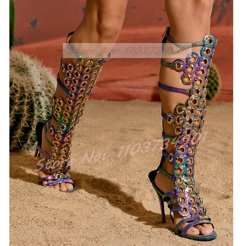 Symphony Metal Round Ring Knee High Sandals Women Pointy Toe Gladiator Back Zipper High Heels Shoes Lady Elegant Party Sandals