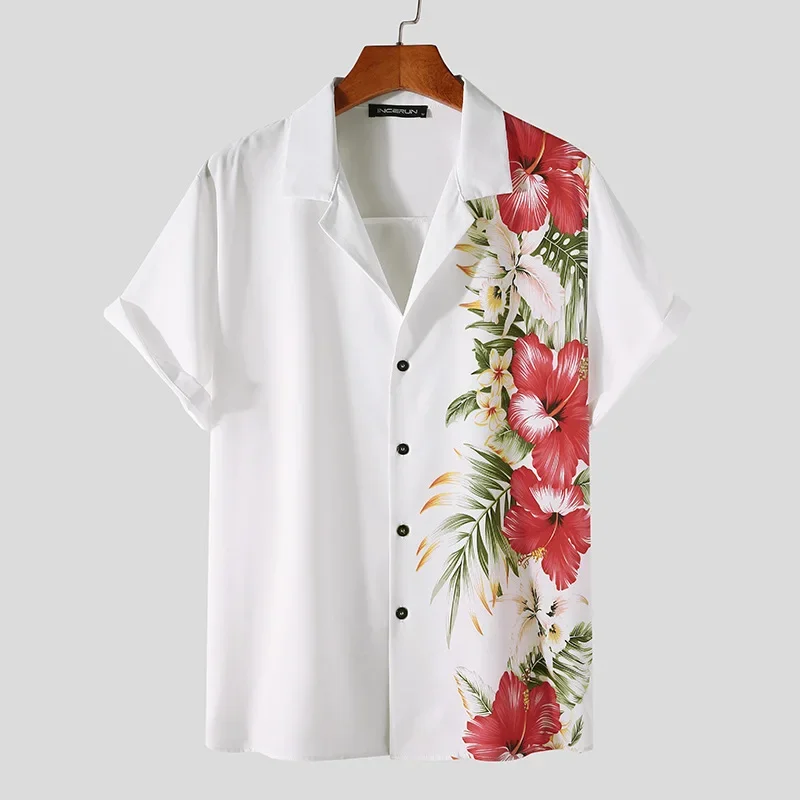 

Flower Print Shirt Men Casual Hawaiian Turn-down Collar Short Sleeve Button Down Shirts for Men Vintage M-3XL 2023 Summer