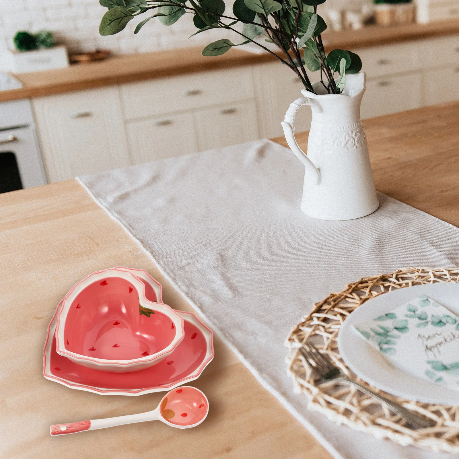 

1Set Strawberry Bowl Spoon Plate Set Wear-Resistant Reusable Multi-Function Tableware Salad Bowl Household Serving Plate