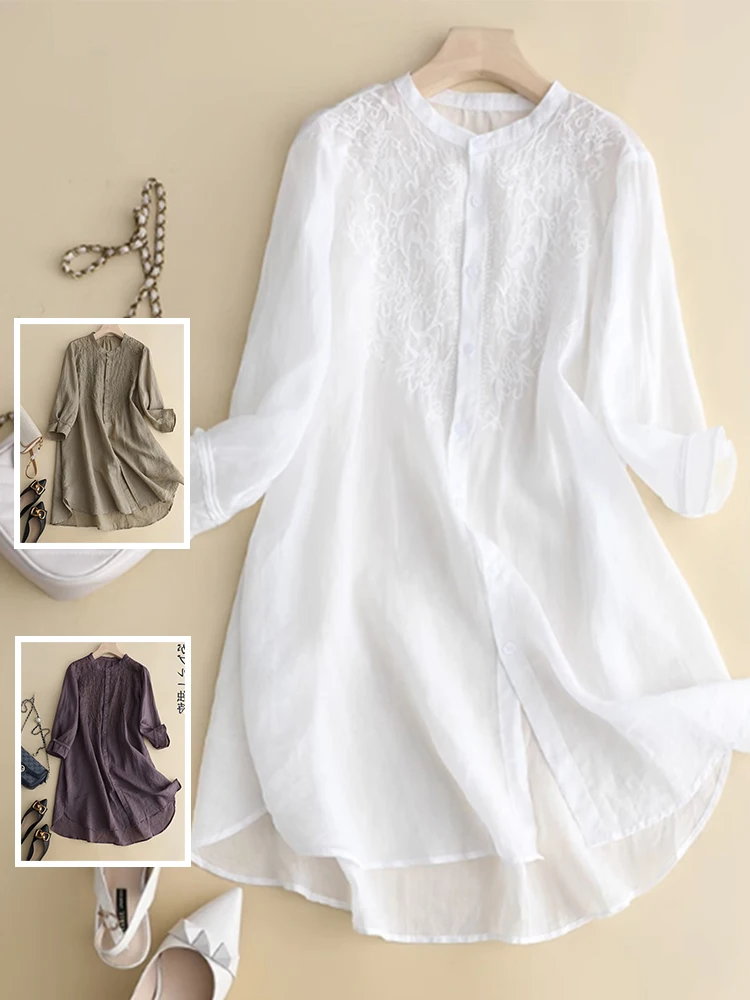 

Retro Heavyweight Embroidered Cotton Linen Midi irt Large Size Women's Faionable Button Stand Collar Pure Color Top