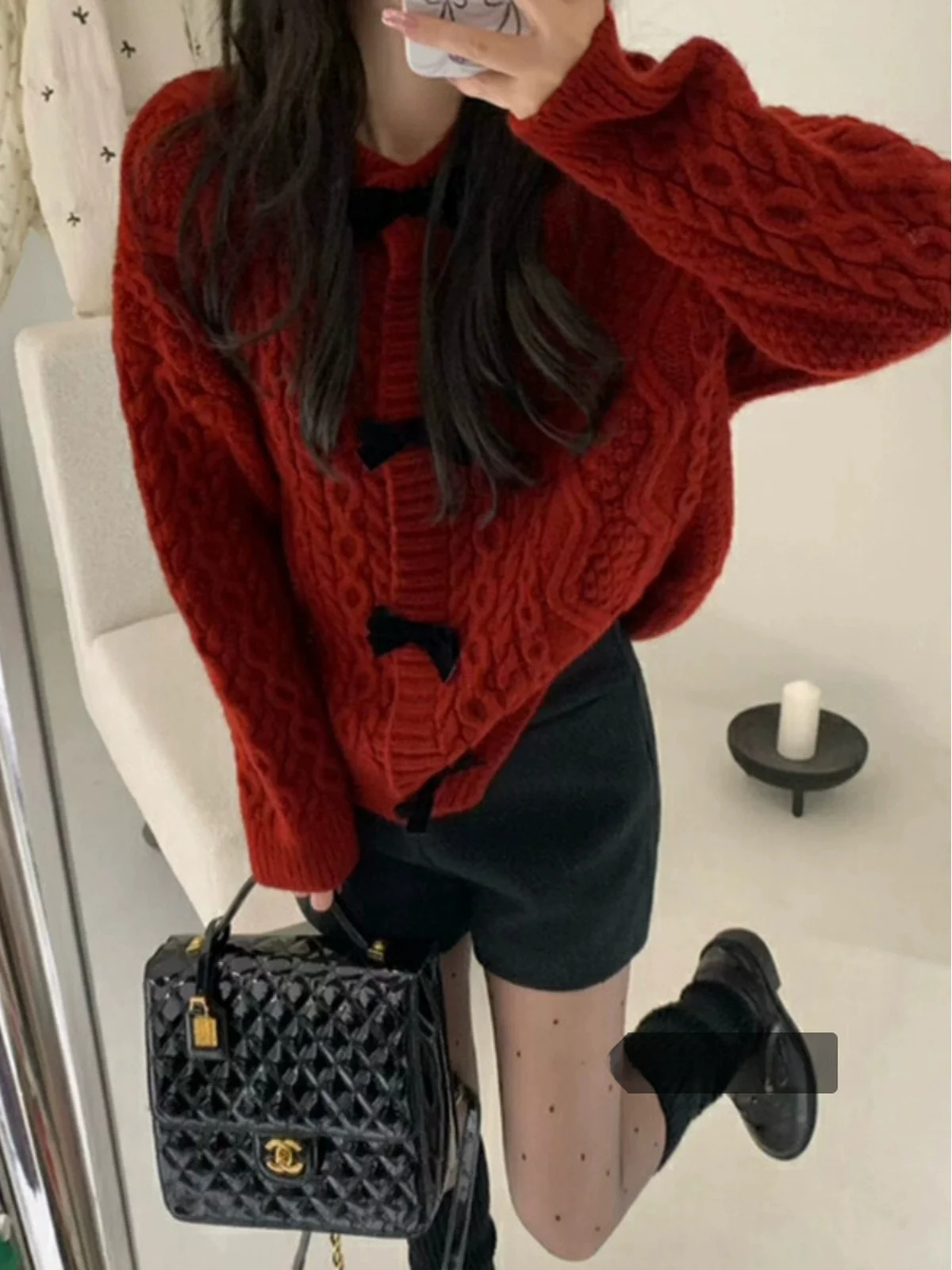 

Cisas Red Retro Twisted Sweater Spring Women's Knitted Open Cardigan Outerwear Lazy High-End Base Inner Top