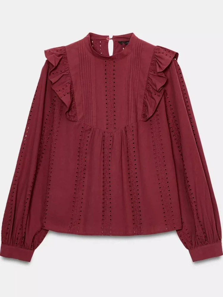 

Романтическая винтажная женская блузка с вышивкой и вырезами, с длинным рукавом и круглым вырезом, свободного кроя, из хлопка, повседневная, весна 2026